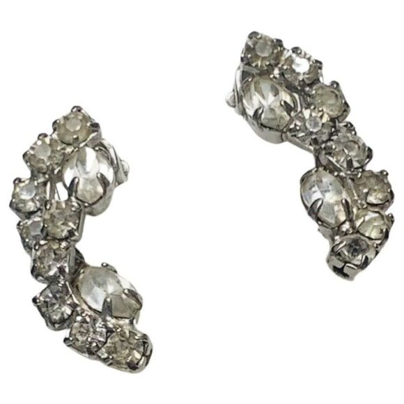 Vintage Crystal Shimmering Rhinestone Bling Sparkle Clip On Button Earrings - Picture 2 of 10